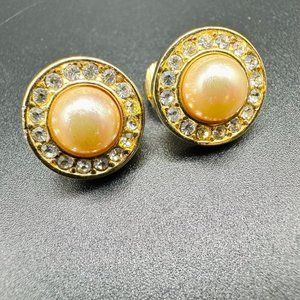 Vintage Christian Dior Gold Tone Rhinestone Faux Pearl Round Clip On Earrings